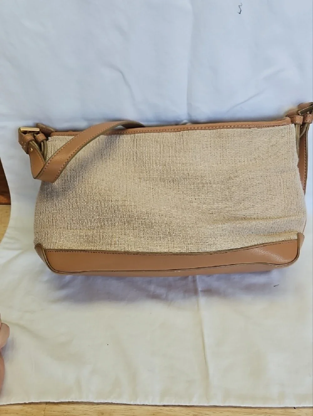 Etienne Aigner Beige Canvas Shoulder Bag with Tan Trim